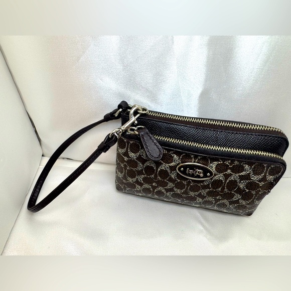 Coach Double Zip Wristlet Signature Brown Black Cream F1420 52455 Logo Plaque - Picture 3 of 10